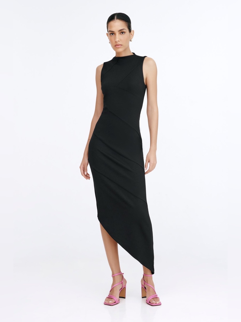 Marcella New York Peyton Dress European Ponte Asymmetric Midi Dress Black Large